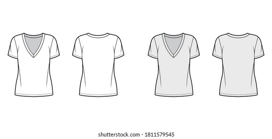 Cotton-jersey t-shirt technical fashion illustration with plunging V-neckline, short sleeves, oversized. Flat outwear basic apparel template front back white grey color. Women men unisex top mockup