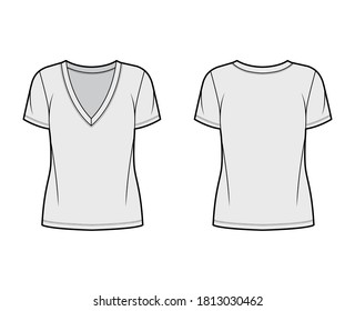 Cotton-jersey t-shirt technical fashion illustration with plunging V-neckline, short sleeves, tunic length, oversized. Flat outwear basic apparel template front back grey color. Women men unisex top