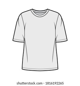 Cotton-jersey t-shirt technical fashion illustration with crew neckline, elbow sleeves, oversized, tunic length. Flat outwear basic apparel template front grey color. Women men unisex top CAD mockup