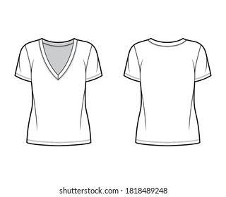 Cotton-jersey t-shirt technical fashion illustration with plunging V-neckline, short sleeves, tunic length. Flat outwear basic apparel template front back white color. Women men unisex top CAD mockup