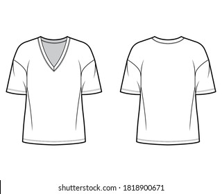 Cotton-jersey t-shirt technical fashion illustration with plunging V-neckline, elbow sleeves, dropped shoulders. Flat outwear basic apparel template front back white color. Women men unisex top mockup