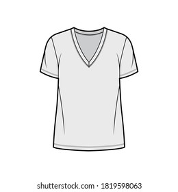 Cotton-jersey t-shirt technical fashion illustration with deep V-neck, short sleeves, tunic length, oversized. Flat outwear basic apparel template front, grey color. Women men unisex top CAD mockup