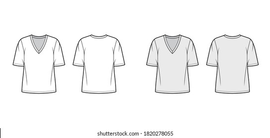 Cotton-jersey t-shirt technical fashion illustration with plunging V-neckline elbow sleeves, oversized. Flat outwear basic apparel template front back white grey color. Women men unisex top CAD mockup