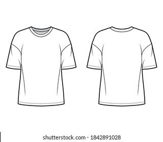 Cotton-jersey t-shirt technical fashion illustration with crew neckline, elbow sleeves, dropped shoulders. Flat outwear basic apparel template front, back, white color. Women men unisex top CAD mockup