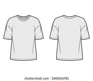 Cotton-jersey t-shirt technical fashion illustration with crew neckline, elbow sleeves, dropped shoulders. Flat outwear basic apparel template front, back grey color. Women men unisex top CAD mockup