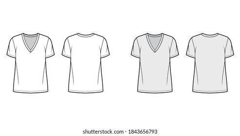 Cotton-jersey t-shirt technical fashion illustration with deep V-neck, short sleeves, tunic length, oversized. Flat outwear basic apparel template front back white grey color. Women men unisex top CAD