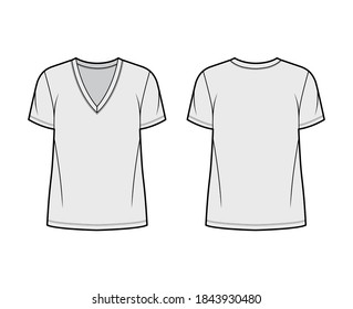 Cotton-jersey t-shirt technical fashion illustration with deep V-neck, short sleeves, tunic length, oversized. Flat outwear basic apparel template front, back, grey color. Women men unisex top mockup