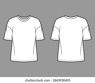 Cotton-jersey t-shirt technical fashion illustration with crew neckline, elbow sleeves, dropped shoulders. Flat outwear basic apparel template front, back, white color. Women men unisex top CAD mockup