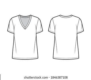 Cotton-jersey t-shirt technical fashion illustration with deep V-neck, short sleeves, tunic length, oversized. Flat outwear basic apparel template front, back, white color. Women men unisex top mockup