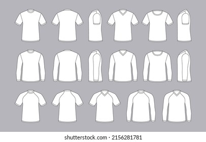 Cotton-jersey t-shirt technical fashion illustration with plunging V-neckline, short sleeves, oversized. Flat outwear basic apparel template front back white grey color. Women men unisex top mockup