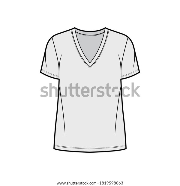 Cotton-jersey t-shirt technical fashion\
illustration with deep V-neck, short sleeves, tunic length,\
oversized. Flat outwear basic apparel template front, grey color.\
Women men unisex top CAD\
mockup