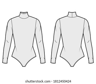 Cotton-jersey turtleneck bodysuit technical fashion illustration with fitted knit body, long sleeves. Flat outwear shirt apparel template front, back, grey color. Women men unisex top CAD mockup