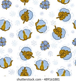 Cotton.Seamless pattern. Vector sketch of a flower bolls of cotton. Template for printing fabric, textile, wrapping paper and Wallpaper.