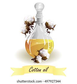Cottonseed oil. Hand drawn vector illustration of glass jug with oil and cotton seed bolls on white background.