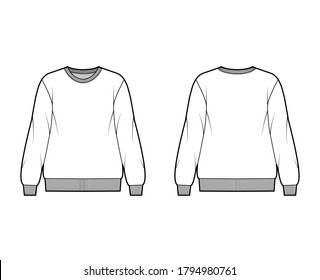 Cotton-terry oversized sweatshirt technical fashion illustration with relaxed fit, crew neckline, long sleeves. Flat outwear jumper apparel template front, back, white color. Women men, unisex top CAD