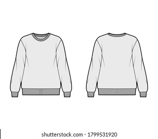 Cotton-terry oversized sweatshirt technical fashion illustration with relaxed fit, crew neckline, long sleeves. Flat outwear jumper apparel template front, back, grey color. Women, men, unisex top CAD