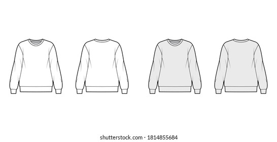Cotton-terry oversized sweatshirt technical fashion illustration with relaxed fit, crew neckline, long sleeves. Flat jumper apparel template front, back white, grey color. Women, men, unisex top CAD
