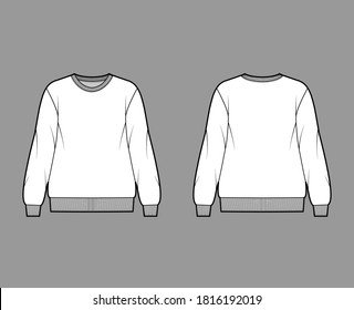 Cotton-terry oversized sweatshirt technical fashion illustration with relaxed fit, crew neckline, long sleeves. Flat outwear jumper apparel template front, back white color. Women, men, unisex top CAD