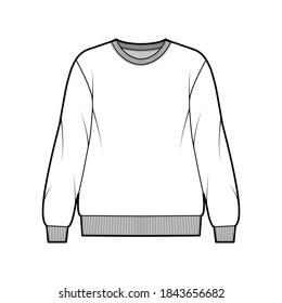Cotton-terry oversized sweatshirt technical fashion illustration with relaxed fit, crew neckline, long sleeves. Flat outwear jumper apparel template front, white color. Women, men, unisex top CAD