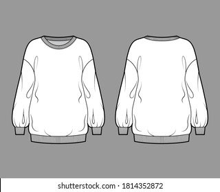 Cotton-terry-Slouchy übergroßen Sweatshirt technische Mode-Illustration mit lockerer entspannter Passform, Crew-Halskette, langen Ärmeln. Vorder flache Jumper-Vorlage, schwarz-weiß. Frauen, Männer, unisex top CAD