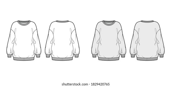 Cotton-terry slouchy oversized sweatshirt technical fashion illustration with relaxed fit, crew neckline, long sleeves. Flat jumper template front, back white, grey color. Women, men, unisex top CAD