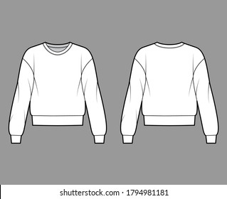 Cotton-terry sweatshirt technical fashion illustration with relaxed fit, crew neckline, long sleeves. Flat outwear jumper apparel template front, back, white color. Women, men, unisex top CAD mockup