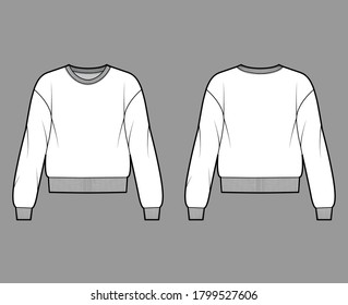 Sudadera de terrón de algodón ilustración técnica de moda con ajuste relajado, cuello de la tripulación, mangas largas. Funda plana de la plantilla de la ropa de puente de ropa delantera, trasera, color blanco. Mujeres, hombres, unisex top mockup CAD