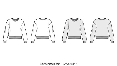 Cotton-terry sweatshirt technical fashion illustration with relaxed fit, crew neckline, long sleeves. Flat outwear jumper apparel template front back white grey color. Women, men unisex top CAD mockup