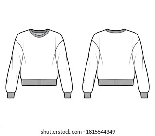 Cotton-terry sweatshirt technical fashion illustration with relaxed fit, crew neckline, long sleeves. Flat outwear jumper apparel template front, back, white color. Women, men, unisex top CAD mockup