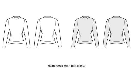 Cotton-terry sweatshirt technical fashion illustration with fitted body, crew neckline, long sleeves. Flat jumper apparel outwear template front, back white, grey color. Women, men, unisex top mockup