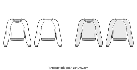 Cotton-terry sweatshirt technical fashion illustration with relaxed fit, scoop neckline, long raglan sleeves, ribbed trims. Flat jumper template front back white grey color. Women, men unisex top CAD