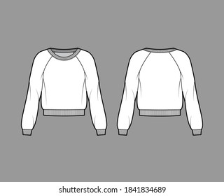 Cotton-terry sweatshirt technical fashion illustration with relaxed fit, scoop neckline, long raglan sleeves, ribbed trims. Flat jumper apparel template front back white color. Women, men unisex top