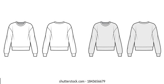 Cotton-terry sweatshirt technical fashion illustration with relaxed fit, crew neckline, long sleeves. Flat outwear jumper apparel template front back white grey color. Women, men unisex top CAD mockup