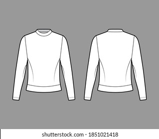 Cotton-terry sweatshirt technical fashion illustration with crew neckline, long sleeves, oversized. Flat jumper apparel outwear template front, back white color. Women, men, unisex top CAD mockup