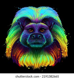 Marmoset de algodón. Retrato abstracto, multicolor, de neón de un mono de algodón al estilo de arte pop sobre un fondo negro. Gráficos vectoriales digitales. Gráficos vectoriales digitales.