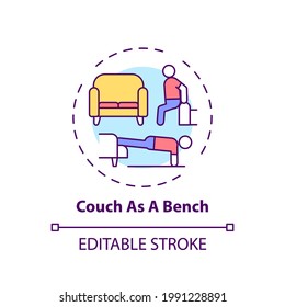 Couch as bench concept icon. Gym exercise alternative idea thin line illustration. Strengthening muscles, pecs in chest and shoulders. Vector isolated outline RGB color drawing. Editable stroke