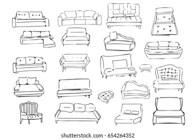 Couch big set. Vector hand drawn illustration. For interiors projects.