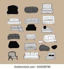 Couch big set. Vector hand drawn illustration. For interiors projects.