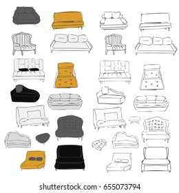 Couch big set. Vector hand drawn illustration. For interiors projects.
