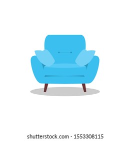 Couch blue icon vector illustration in flat design interior for living room, couch interior object indoor furniture relax room