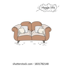 Couch color icon. Coziness, hominess atmosphere in simple things. Hygge life. Cozy home concept. Scandinavian styled home soft furniture and interior decor. Isolated vector illustration