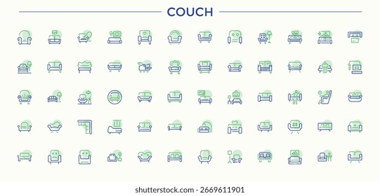 Sofá colorido conjunto de ícone de linha. Incluído armário, quarto, lado, gráfico, banheiro e muito mais. Conjunto mínimo de ícones da Web de linha fina. Ícone de armário definido em estilo linear. Pixel perfeito. Ilustração vetorial.