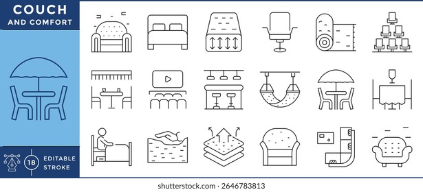 Couch and Comfort Line Icons Set | Relaxation, Living Room, and Cozy Home | Editable Stroke