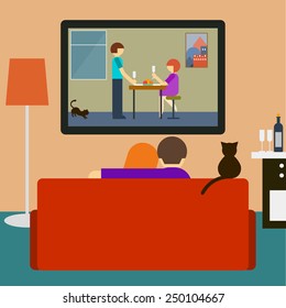 Couch. Couple on couch. Romantic movie. Love and romantic. Flat style interior. Couple, cat watching romantic movie on television sitting on couch in room. Couple, tv, movie, love, romantic. Couch, tv