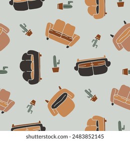 Couch cozy Cactus Vector Seamless Pattern  illustration for Print, Wallpaper, Decoration.