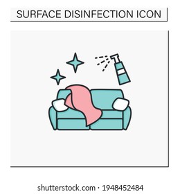 Couch disinfection color icon.Wet cleaning and sanitizing of soft home furniture.Sanitizing home items.Safety space,preventative measures. Preventing virus spread concept.Isolated vector illustration