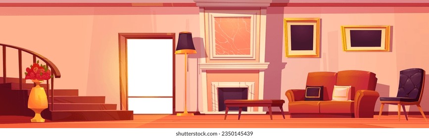 Couch and fireplace in luxury living room interior cartoon background. Coffee table, armchair and golden picture frame on wall retro livingroom furniture illustration. Retro environment with staircase