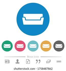Couch flat white icons on round color backgrounds. 6 bonus icons included.