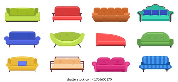 Couchmöbel. Bequeme Sofas, Wohnungen Innen-Sofa-Möbel, moderne Couch Vektor einzelne Illustrationssymbole Set. Möbelsofa für Wohnzimmerinnenräume, Sitzecke, Couch