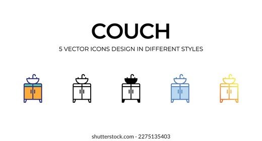 couch Icon Design in Five style with Editable Stroke. Line, Solid, Flat Line, Duo Tone Color, and Color Gradient Line. Suitable for Web Page, Mobile App, UI, UX and GUI design.